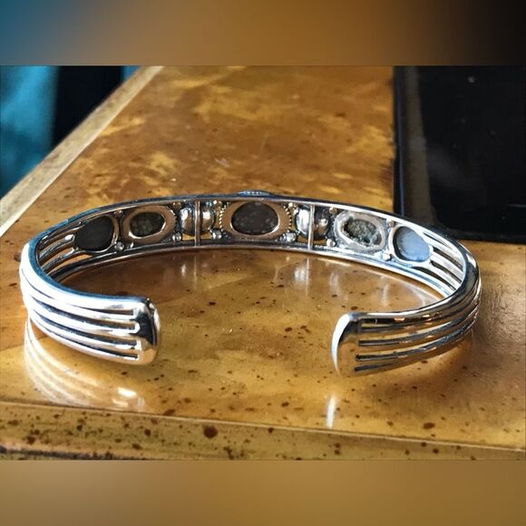 Royston Blue Horizon Turquoise White Pearl Sterling Silver Cuff Bracelet - Picture 4 of 7